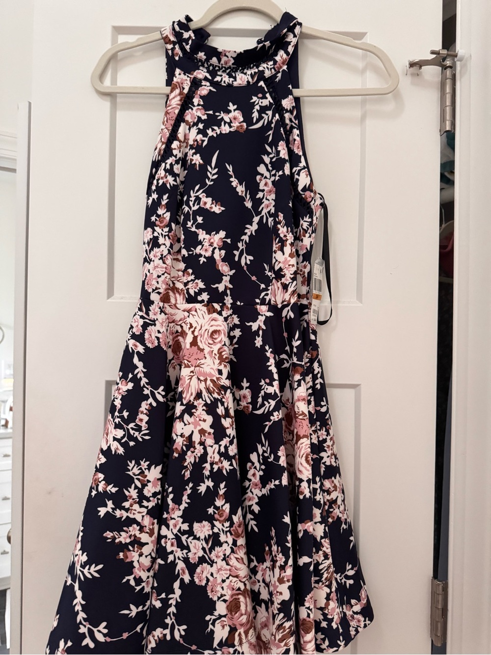 Navy Floral Halter Fit-and-Flare Dress - Pink Floral Print never worn